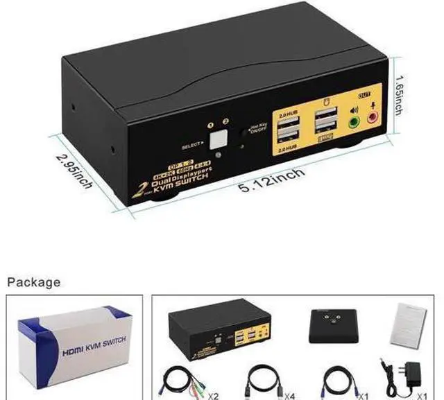 Alt view image 4 of 7 - 2-Port Dual DisplayPort KVM Switch, 4K@60Hz 4:4:4, Audio, USB2.0 Hub with Cables & Hotkey Switch