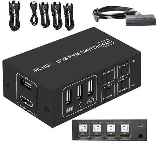 Main image of 4 Port 4 In 1 Out HDMI KVM Switch 4K@30Hz 1080P@60Hz, USB KVM Switcher for 4 PCs Share Monitor Keyboard Mouse, Compatible with Windows Mac Laptops