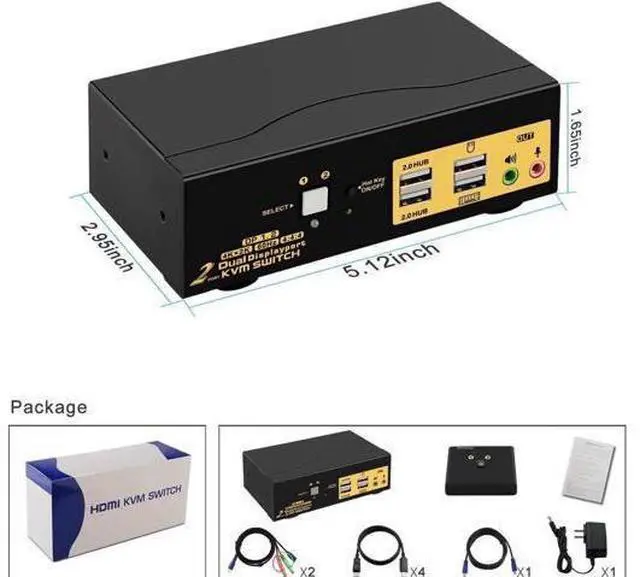 Alt view image 5 of 7 - 2-Port 2x2 Dual DisplayPort KVM Switch, 4K 4096x2160@60Hz 4:4:4, Audio, USB2.0 Hub, Hotkey Switch Supported