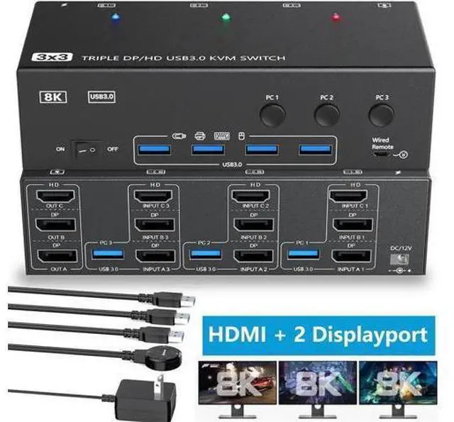 Main image of 3 PCs Triple Monitor 1HDMI+2DP Hybrid KVM Switch, HDMI 8K@60Hz 4K@120Hz, DP 8K@30Hz 4K@144Hz, 4 USB 3.0 Ports, Wired Remote & 3 USB Cables Included for 3 Hosts Share 3 Displays