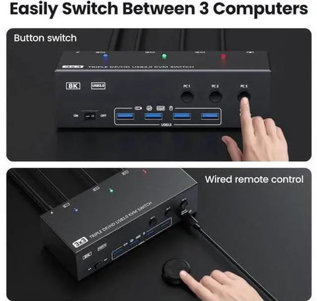 Alt view image 2 of 7 - 3 PCs Triple Monitor 1HDMI+2DP Hybrid KVM Switch, HDMI 8K@60Hz 4K@120Hz, DP 8K@30Hz 4K@144Hz, 4 USB 3.0 Ports, Wired Remote & 3 USB Cables Included for 3 Hosts Share 3 Displays
