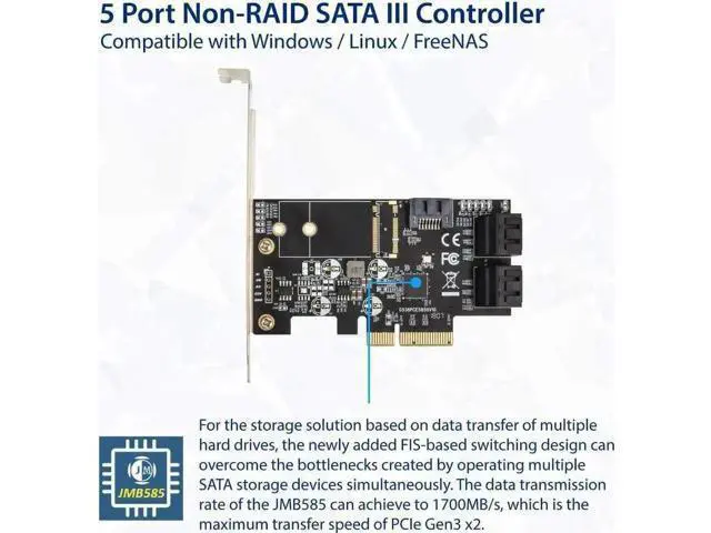 Alt view image 4 of 6 - 5 Port PCIe X4 SATA 3.0 Non-RAID Controller Card SI-PEX40139 with JMB585 Chipset, 6Gbps Storage Adapter for SSD & HDD, Low Profile Bracket Included