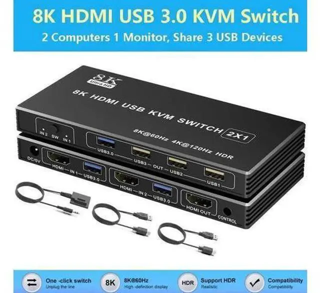Main image of 2 Port HDMI USB 3.0 KVM Switch 8K@60Hz, 2 In 1 Out KVM Switcher for 2 PCs Share 1 Monitor Keyboard Mouse Printer Scanner, With Desktop Controller