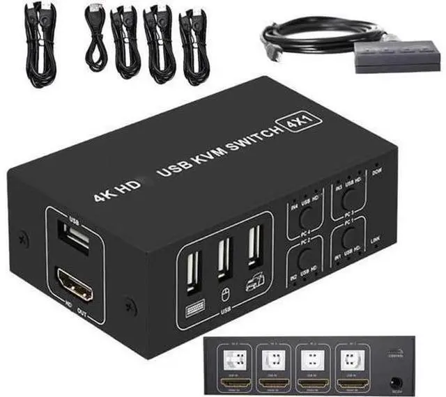 Main image of 4 Port 4-In-1-Out HDMI KVM Switch, 4K@30Hz 1080P@60Hz USB KVM Switcher for 4 PCs Laptops, Share Monitor Keyboard Mouse, Support Win7 Win10 Mac