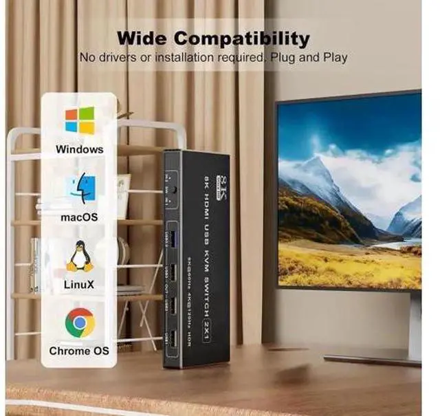 Alt view image 6 of 7 - 2 Port HDMI USB 3.0 KVM Switch 8K@60Hz, 2 In 1 Out KVM Switcher for 2 PCs Share 1 Monitor Keyboard Mouse Printer Scanner, With Desktop Controller