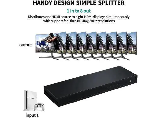 Alt view image 3 of 6 - 1 in 8 Out HDMI Splitter, 1x8 HDMI Audio Video Distributor Box Supports 4K@30Hz 3D Full HD for HDTV Projector STB DVD PS3, with USB Power Cable