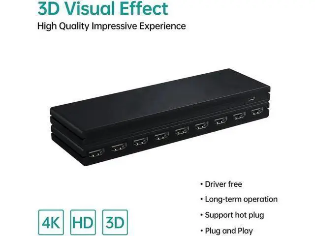 Alt view image 5 of 6 - 1 in 8 Out HDMI Splitter, 1x8 HDMI Audio Video Distributor Box Supports 4K@30Hz 3D Full HD for HDTV Projector STB DVD PS3, with USB Power Cable