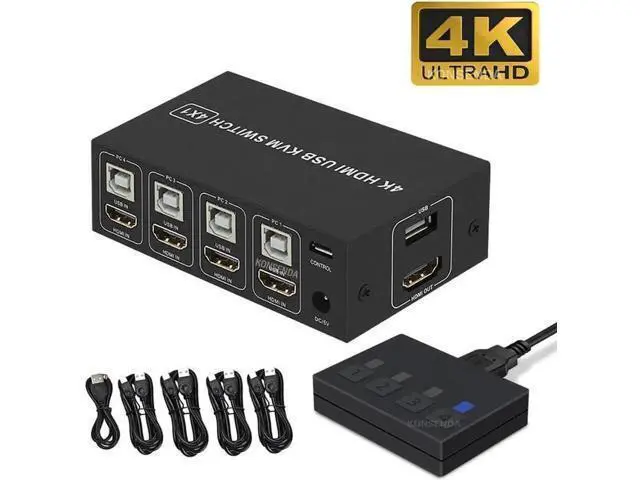 Alt view image 4 of 5 - 4 Port 4x1 HDMI KVM Switch 4K@60Hz HDCP 2.2, USB KVM Switcher with External Desktop Controller for PC Laptop Windows Mac