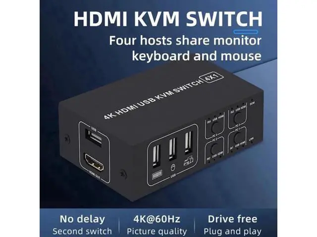 Alt view image 5 of 5 - 4 Port 4x1 HDMI KVM Switch 4K@60Hz HDCP 2.2, USB KVM Switcher with External Desktop Controller for PC Laptop Windows Mac