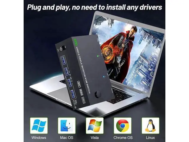 Alt view image 2 of 7 - 2 Port Triple Monitor KVM Switch (1HDMI+2DP), 8K@60Hz 4K@144Hz USB3.0 KVM Switcher with 4 USB 3.0 Ports, Wired Remote & Power Adapter for 2 PCs Share 3 Displays Keyboard Mouse