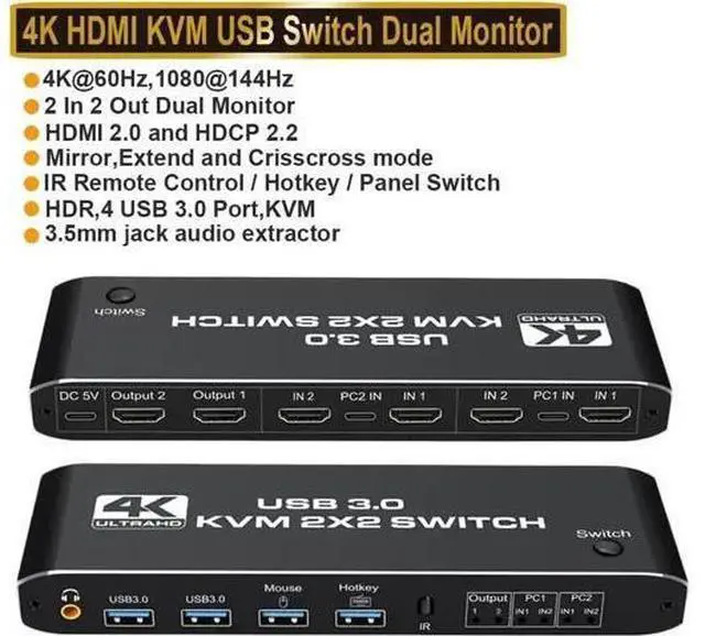 Main image of 2 Port Dual Monitor HDMI KVM Switch 4K@60Hz, USB 3.0 KVM Switcher for 2 PCs Share Dual Screens, Compatible with Laptop PS4 Xbox