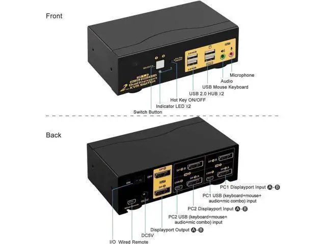 Alt view image 6 of 7 - 2-Port 2x2 Dual DisplayPort KVM Switch, 4K@60Hz 4:4:4, Audio & USB2.0 Hubs