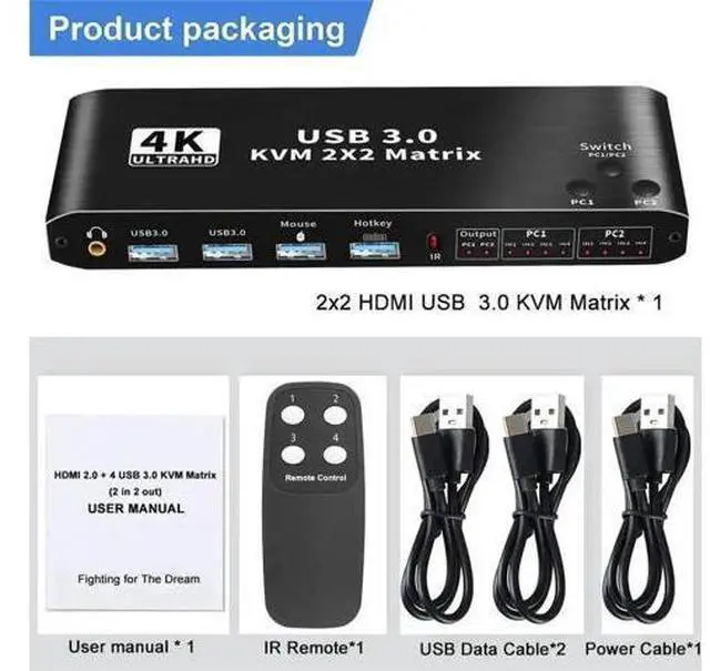Alt view image 2 of 7 - 2x2 HDMI & USB-C Dual Monitor KVM Matrix Switch 4K@60Hz, 2 In 2 Out KVM Switcher with 2 USB 3.0 Ports for 2 PCs Share Two Displays Keyboard Mouse
