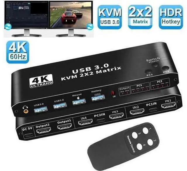 Main image of 2x2 HDMI & USB-C Dual Monitor KVM Matrix Switch 4K@60Hz, 2 In 2 Out KVM Switcher with 2 USB 3.0 Ports for 2 PCs Share Two Displays Keyboard Mouse