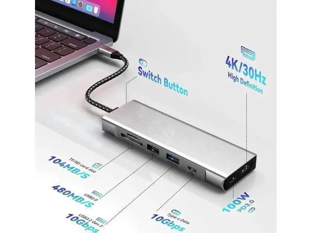 Alt view image 6 of 7 - 8-in-1 USB C Docking Station Built-in M.2 NVMe & SATA SSD Enclosure, Multiport Hub with 4K HDMI, Dual 10Gbps USB3.2 (USB-C+USB-A), 100W PD Charging, SD/TF Card Reader for All USB-C Laptops