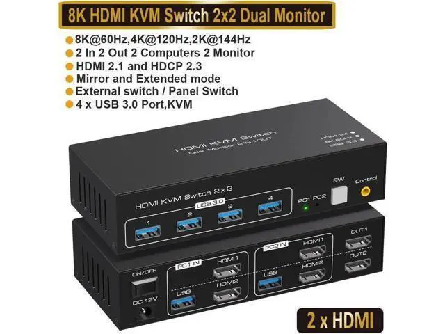 Main image of 2 In 2 Out Dual Monitor HDMI KVM Switch, 8K@60Hz 4K@120Hz USB 3.0 KVM Switcher with 4 USB Ports for 2 PCs, Compatible with Windows MacOS Linux Unix