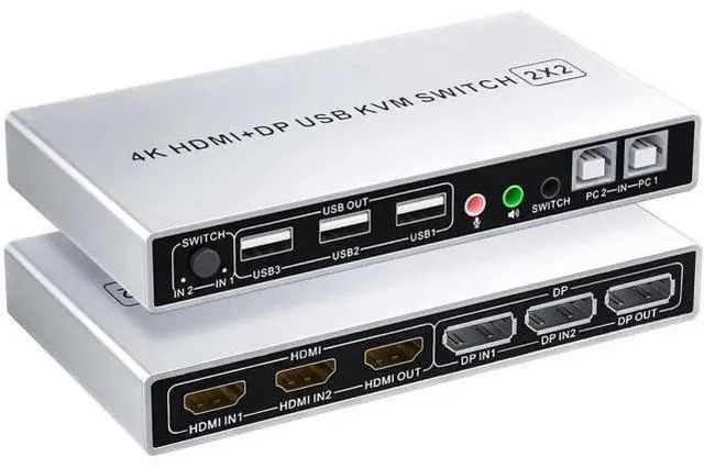 Main image of Vszerda Dual Monitor KVM Switch 2 In 2 Out, Hybrid DP+HDMI Input & Output 4K@60Hz KVM Switcher for 2 Computers Share Two Monitors