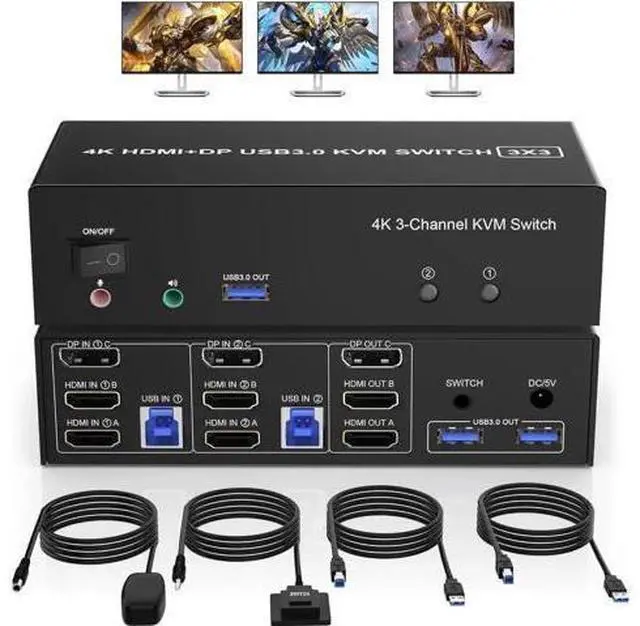 Main image of 2 Port Triple Monitor KVM Switch (2HDMI+1DP), 4K@60Hz USB3.0 KVM Switcher with Audio & Mic, 3 USB 3.0 Ports for 2 PCs Share 3 Displays Keyboard Mouse