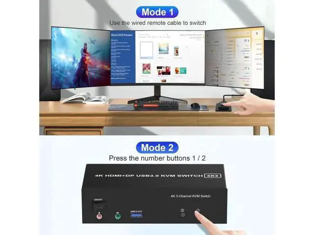 Alt view image 4 of 7 - 2 Port Triple Monitor KVM Switch (2HDMI+1DP), 4K@60Hz USB3.0 KVM Switcher with Audio & Mic, 3 USB 3.0 Ports for 2 PCs Share 3 Displays Keyboard Mouse