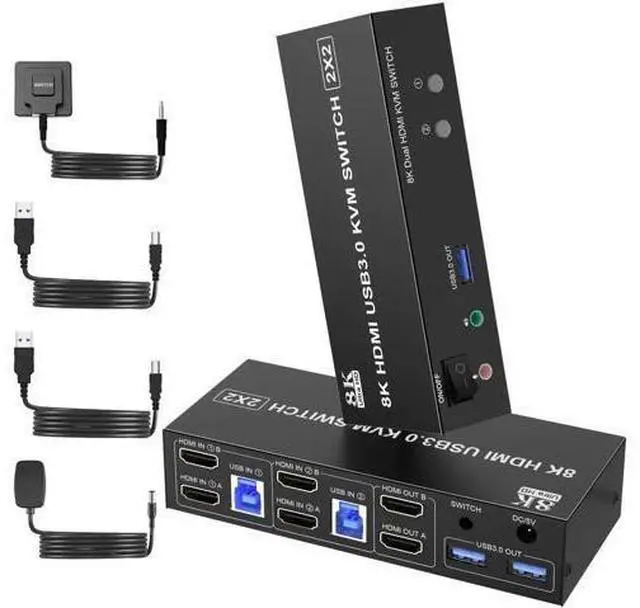 Main image of 2 Port Dual Monitor HDMI KVM Switch, 8K@60Hz USB3.0 KVM Switcher with Audio & Mic for 2 PCs Share 2 Monitors Keyboard Mouse