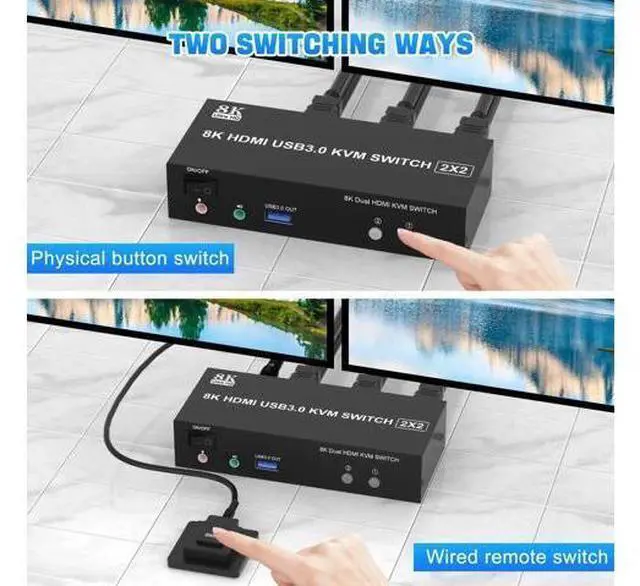 Alt view image 2 of 7 - 2 Port Dual Monitor HDMI KVM Switch, 8K@60Hz USB3.0 KVM Switcher with Audio & Mic for 2 PCs Share 2 Monitors Keyboard Mouse