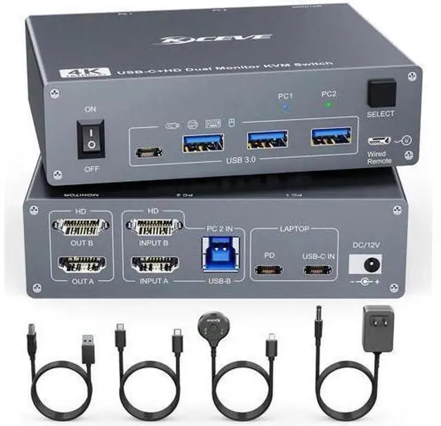 Main image of 2 Port Dual Monitor USB-C & HDMI KVM Switch 4K@60Hz, USB 3.0 Type-C KVM Switcher for 2 PCs Share Dual Displays, Keyboard & Mouse