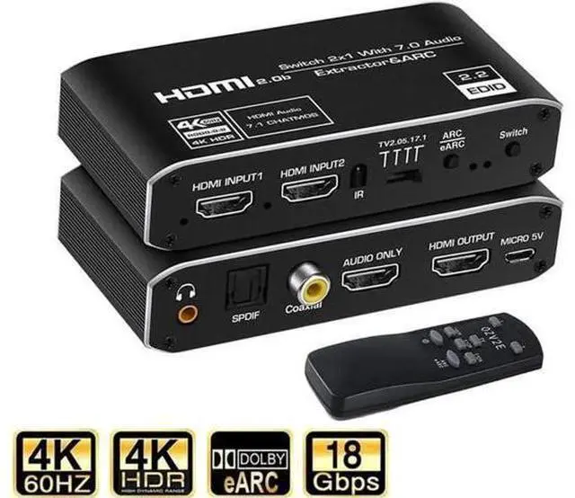 Main image of 2 in 1 HDMI Switch with Audio Extractor, 4K@60Hz HDMI Selector Separate HDMI Video + Optical/Coaxial/3.5mm Audio Output, Compatible with PS4 Xbox TV