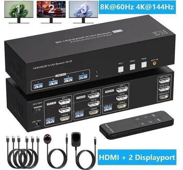 Main image of 3-Port Triple Monitor KVM Switch (1HDMI+2DP), 8K@60Hz 4K@144Hz, 4 USB3.0 Ports, 3 USB Cables & 12V DC Adapter Included