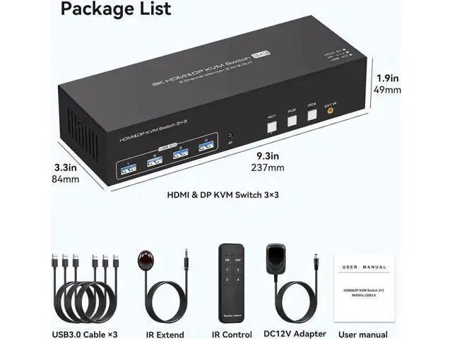 Alt view image 2 of 7 - 3-Port Triple Monitor KVM Switch (1HDMI+2DP), 8K@60Hz 4K@144Hz, 4 USB3.0 Ports, 3 USB Cables & 12V DC Adapter Included