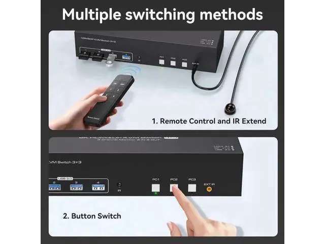 Alt view image 4 of 7 - 3-Port Triple Monitor KVM Switch (1HDMI+2DP), 8K@60Hz 4K@144Hz, 4 USB3.0 Ports, 3 USB Cables & 12V DC Adapter Included