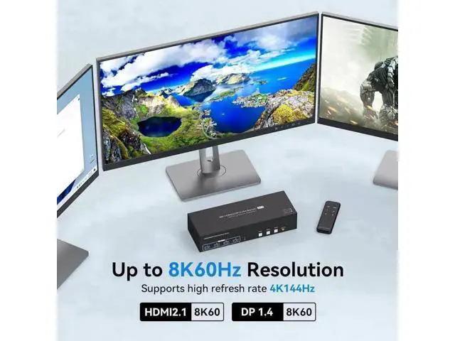 Alt view image 7 of 7 - 3-Port Triple Monitor KVM Switch (1HDMI+2DP), 8K@60Hz 4K@144Hz, 4 USB3.0 Ports, 3 USB Cables & 12V DC Adapter Included