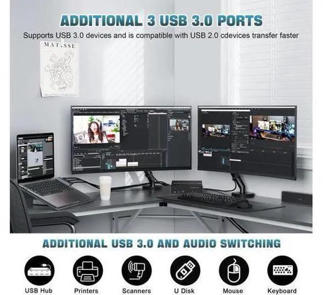 Alt view image 3 of 7 - 2-Port Triple Monitor KVM Switch HDMI+2DP, 4K@60Hz USB3.0 KVM Switcher with Audio & 3 USB3.0 Ports for 2 Computers