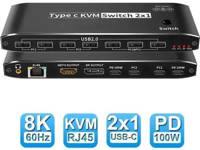 Main image of 2x1 USB-C KVM Switch, Thunderbolt 4 8K KVM Switch with RJ45 Ethernet Port, 100W PD Charging, 4K 144Hz Type-C KVM Switcher for 2 Computers Share 1 Monitor