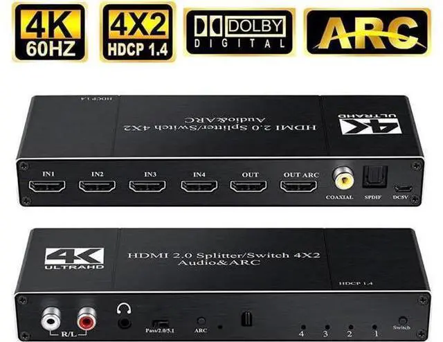 Main image of 4 in 2 Out HDMI 2.0 Audio Extractor Switch 4K@60Hz, HDMI Matrix Converter with Optical SPDIF, Coaxial & 3.5mm AUX Audio Out, Supports ARC, HDR, HDCP 2.2, YUV4:2:0, EDID Management