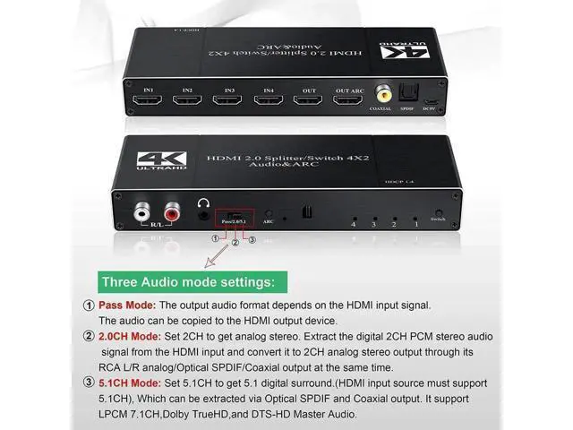 Alt view image 4 of 7 - 4 in 2 Out HDMI 2.0 Audio Extractor Switch 4K@60Hz, HDMI Matrix Converter with Optical SPDIF, Coaxial & 3.5mm AUX Audio Out, Supports ARC, HDR, HDCP 2.2, YUV4:2:0, EDID Management