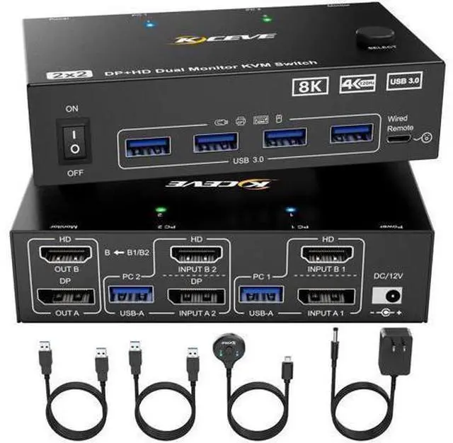 Main image of 2x2 Dual Monitor DP+HDMI KVM Switch 8K@60Hz, USB 3.0 KVM Switcher for 2 PCs Share Dual Displays Keyboard Mouse