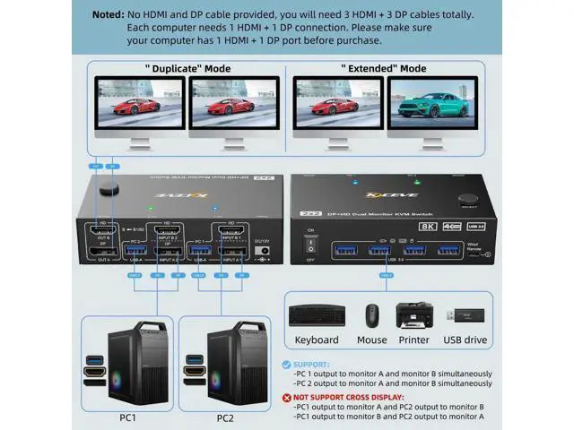 Alt view image 5 of 7 - 2x2 Dual Monitor DP+HDMI KVM Switch 8K@60Hz, USB 3.0 KVM Switcher for 2 PCs Share Dual Displays Keyboard Mouse