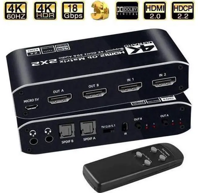 Main image of 2x2 HDMI Matrix Switch 4K@60Hz HDR10, HDMI 2.0 Video Switcher with Dual SPDIF & Dual 3.5mm Audio Extractor, HDCP 2.2 EDID IR Remote Control