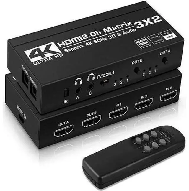 Main image of 3x2 HDMI Matrix Switch 3 in 2 Out with IR Remote Control, HDMI 2.0b 4K@60Hz Matrix Splitter Supports HDR10, HDCP2.2, Ultra HD 4K & Full 3D