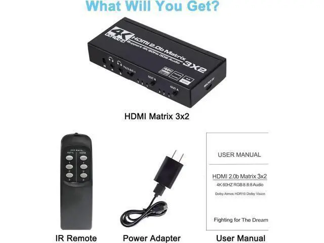 Alt view image 5 of 7 - 3x2 HDMI Matrix Switch 3 in 2 Out with IR Remote Control, HDMI 2.0b 4K@60Hz Matrix Splitter Supports HDR10, HDCP2.2, Ultra HD 4K & Full 3D