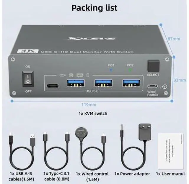 Alt view image 5 of 7 - 2 Port Dual Monitor USB-C & HDMI KVM Switch 4K@60Hz, USB 3.0 Type-C KVM Switcher for 2 PCs Share Dual Displays, Keyboard & Mouse