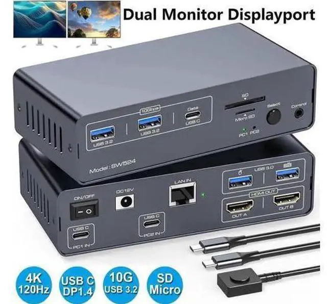 Main image of 13-in-1 USB3.2 USB-C DP KVM Switch Docking Station, Dual Monitor Type-C + DisplayPort KVM Dock 4K@120Hz for 1 Laptop & 1 Desktop Share Two Monitors USB Peripherals