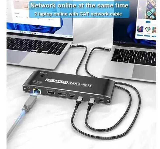 Alt view image 3 of 7 - 2x1 USB-C KVM Switch, Thunderbolt 4 8K KVM Switch with RJ45 Ethernet Port, 100W PD Charging, 4K 144Hz Type-C KVM Switcher for 2 Computers Share 1 Monitor