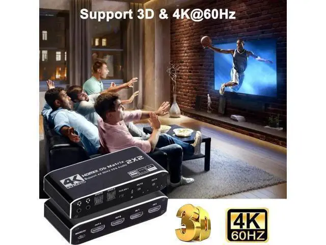 Alt view image 5 of 7 - 2x2 HDMI Matrix Switch 4K@60Hz HDR10, HDMI 2.0 Video Switcher with Dual SPDIF & Dual 3.5mm Audio Extractor, HDCP 2.2 EDID IR Remote Control