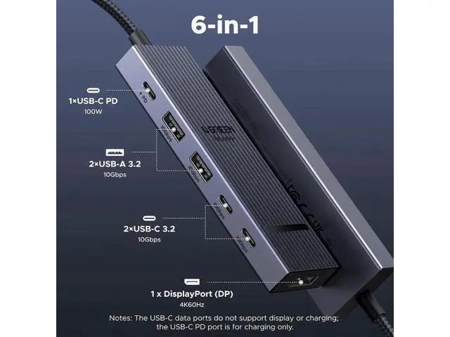 Alt view image 3 of 7 - UGREEN Revodok Pro 6-in-1 USB-C Multiport Hub, Type-C Dock with 4K@60Hz DisplayPort, 100W PD Pass-Through, 10Gbps USB-A & USB-C 3.2 Gen2 Data Ports, Compatible with MacBook Pro/Air, iPad Pro, ThinkPad