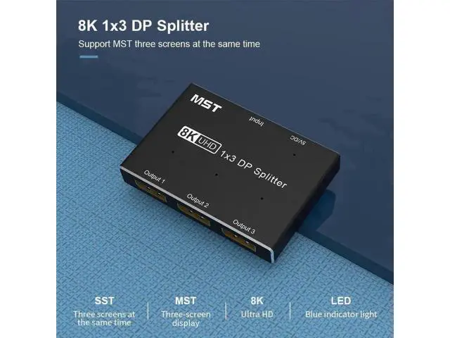Alt view image 2 of 7 - DP 1.4 1 In 3 Out MST SST Splitter Converter, 3-Port Ultra HD DisplayPort Distributor Support 8K@30Hz 4K@120Hz for Multi-Source Multi-Display Expansion