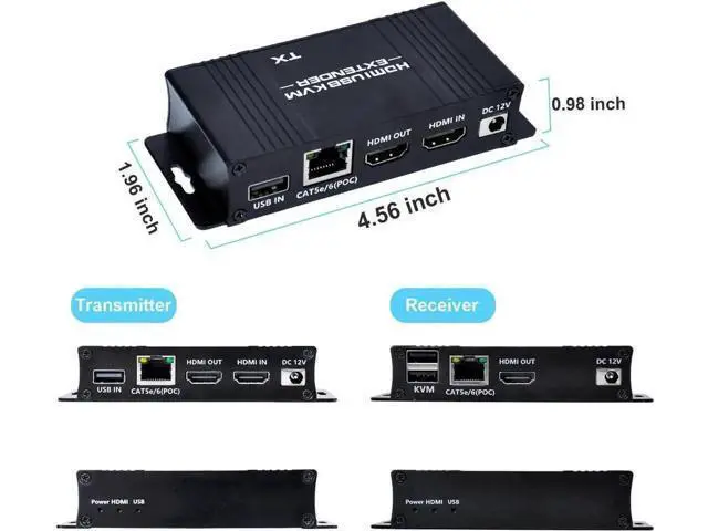 Alt view image 2 of 7 - HDMI KVM Extender Over Cat5e/Cat6/Cat7 Cable Up to 164FT, HDMI to RJ45 1080P@60Hz, Transmitter & Receiver Kit, USB Keyboard Mouse Control, Zero Latency, POC Single Power Supply
