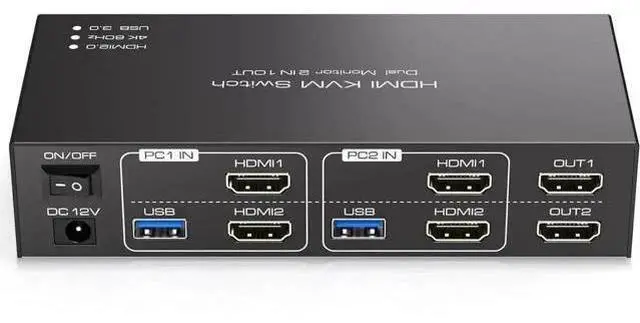 Main image of 2×2 Dual Monitor HDMI USB 3.0 KVM Switch 4K@60Hz, Support Extended & Mirrored Modes, 4 USB3.0 Ports, DC 12V Power Adapter & Wired Controller Included for 2 PCs