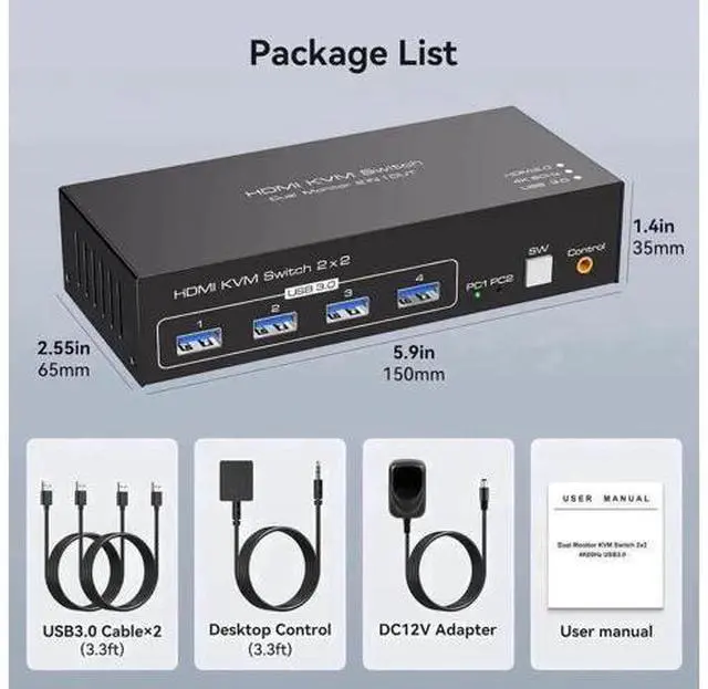 Alt view image 2 of 7 - 2×2 Dual Monitor HDMI USB 3.0 KVM Switch 4K@60Hz, Support Extended & Mirrored Modes, 4 USB3.0 Ports, DC 12V Power Adapter & Wired Controller Included for 2 PCs