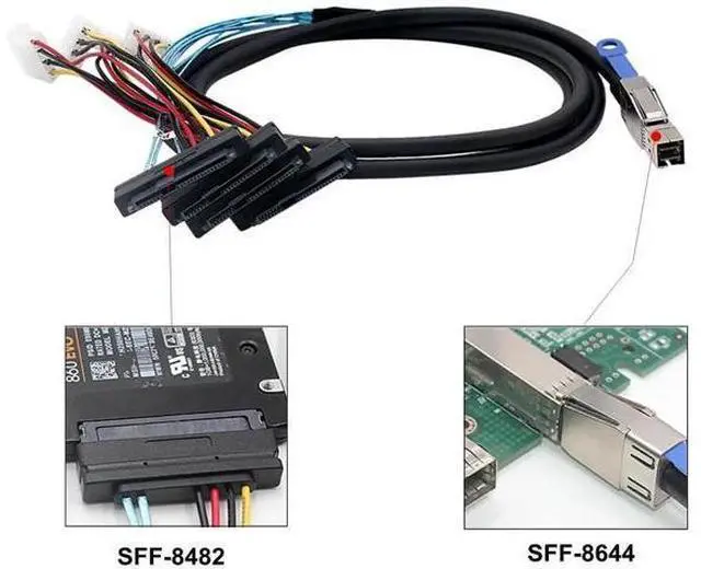 Alt view image 6 of 6 - 2PCS 3.3FT Internal HD Mini SAS SFF-8644 to 4 SFF-8482 Cable with IDE Power Cord, Internal SAS Storage Cable for Server RAID Card Hard Drive Expansion